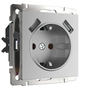 Розетка встраиваемая Werkel с заземлением, шторками и USBх2 Серебряный W1171506