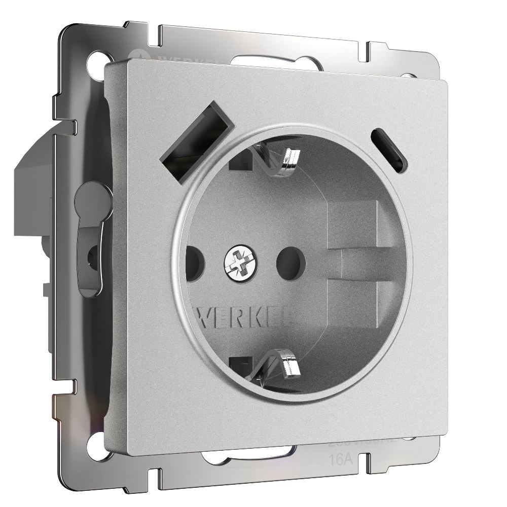 Розетка встраиваемая Werkel с заземлением, шторками и USB тип A+C Серебрянный матовый W1171765